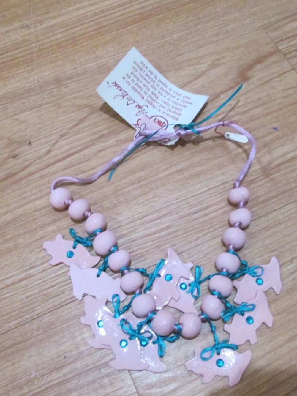 Pink Pig w/turquoise embellishments ribbon artistic necklace whimsical&fun